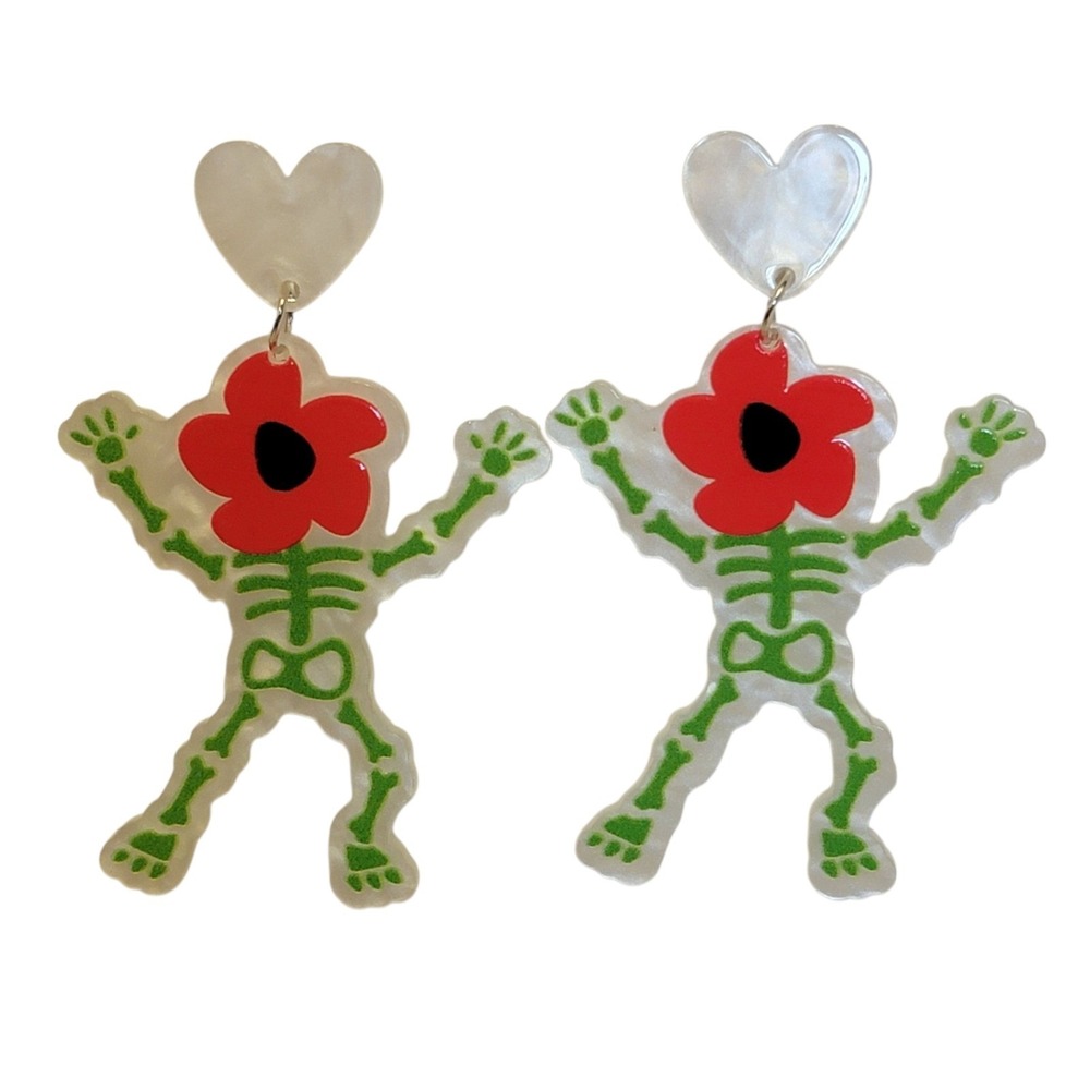 Skeleton Flower Dangle Earrings Green Red Heart Acrylic Halloween Novelty Gift